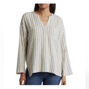 MADEWELL Linen Blend Stripe Popover Top Coastal Split Neck Breezy Small
